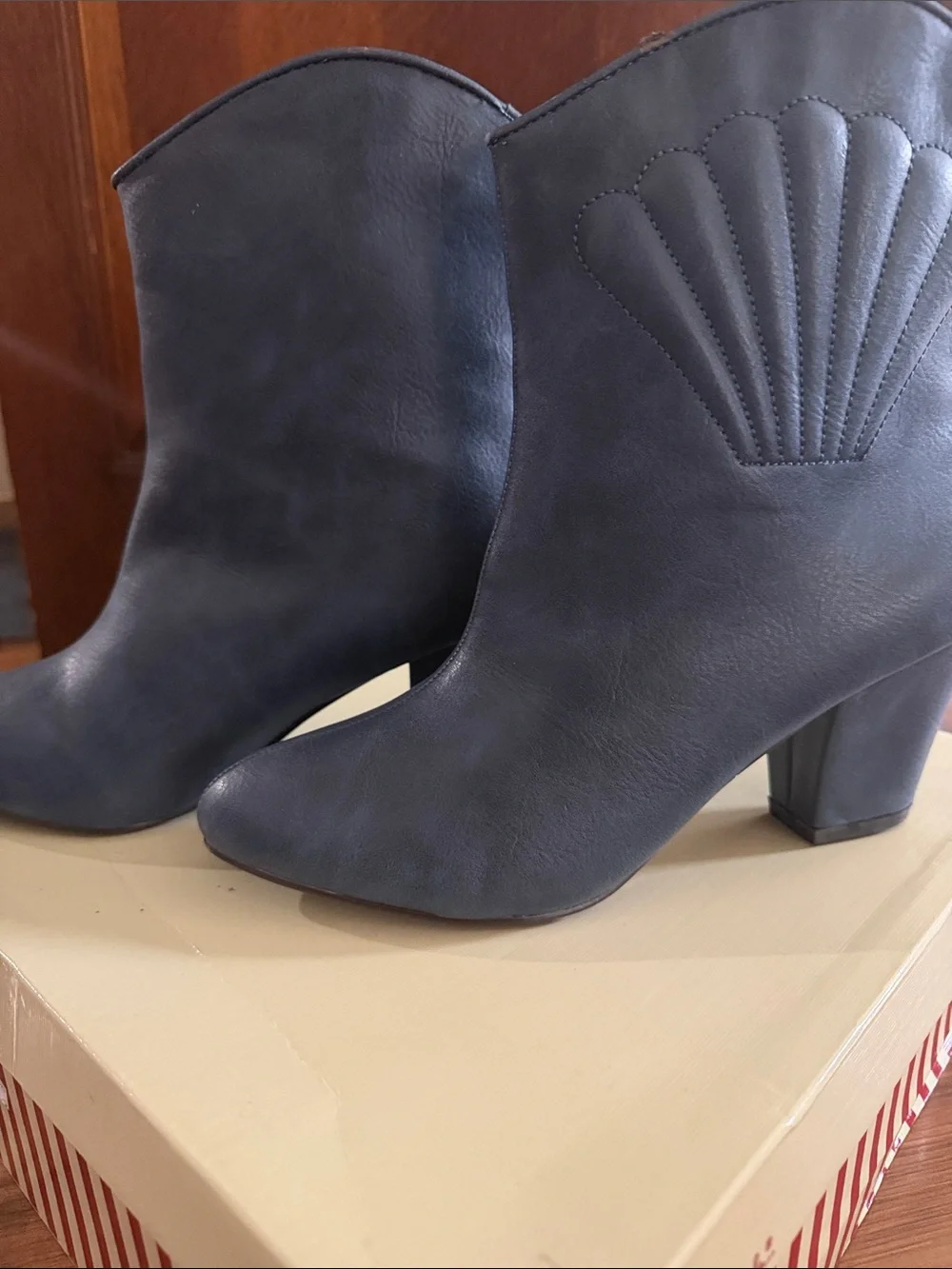 Navy Leather Ankle Booties with Scallop Stitch Accent